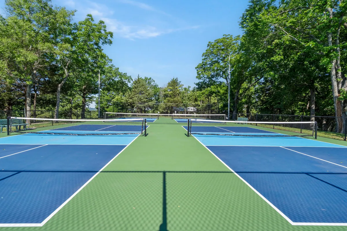 A vibrant exterior shot featuring expansive green spaces, tennis courts, and tall surrounding trees. The open area invites recreational activities and playful outdoor moments.